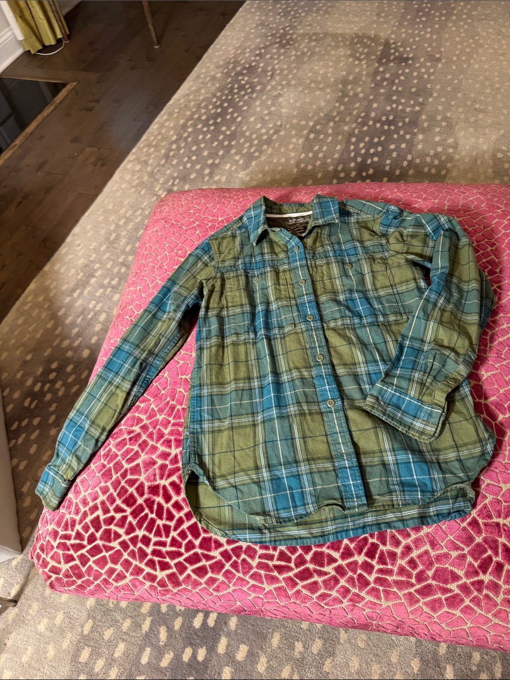 REI Cooperative Green and Blue Plaid Button-Down Shirt